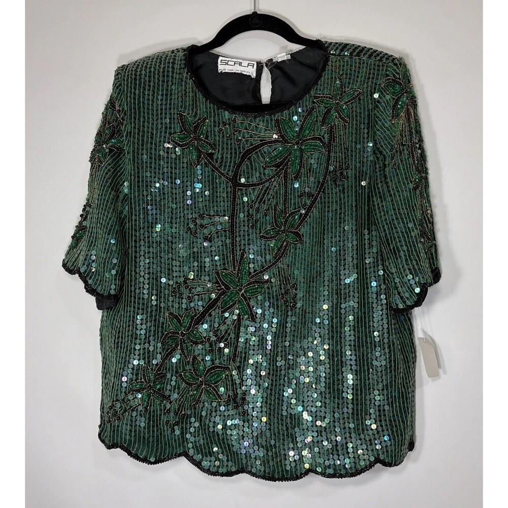 Vintage 80’s Emerald Green Beaded Silk Sequined Scalloped Top Womens L NWT SCALA